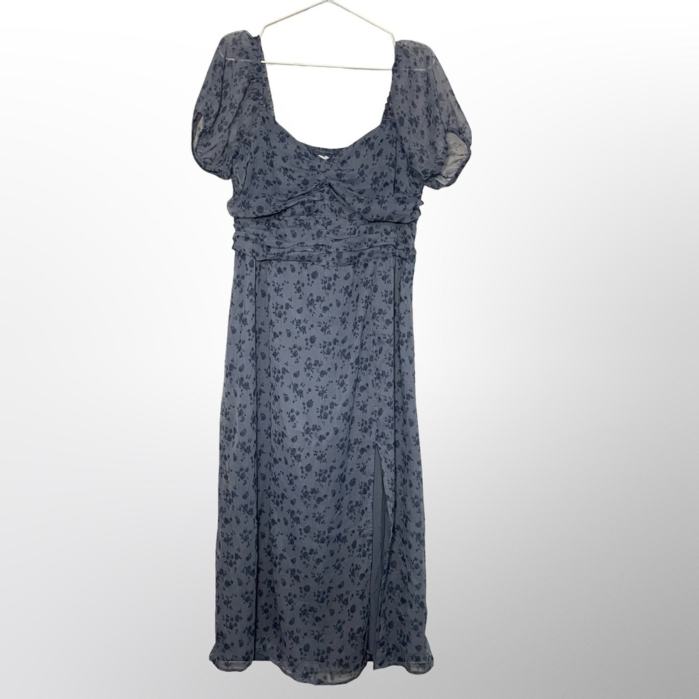 Hollister Blue Floral Midi Dress XL Puff Sleeve Square Neck Cottagecore